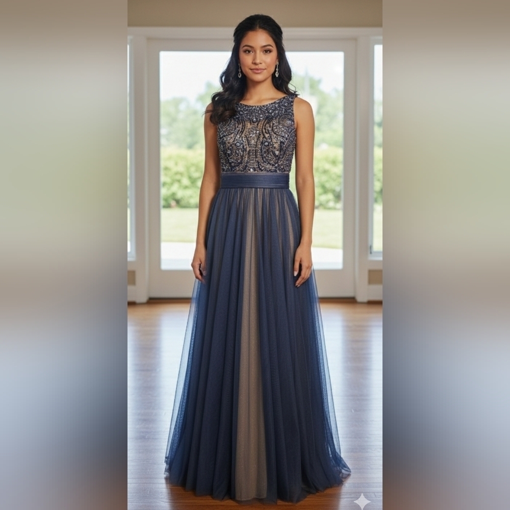 Fiesta Fashion Backless Navy Blue & Nude Dress - Picture 3 of 16